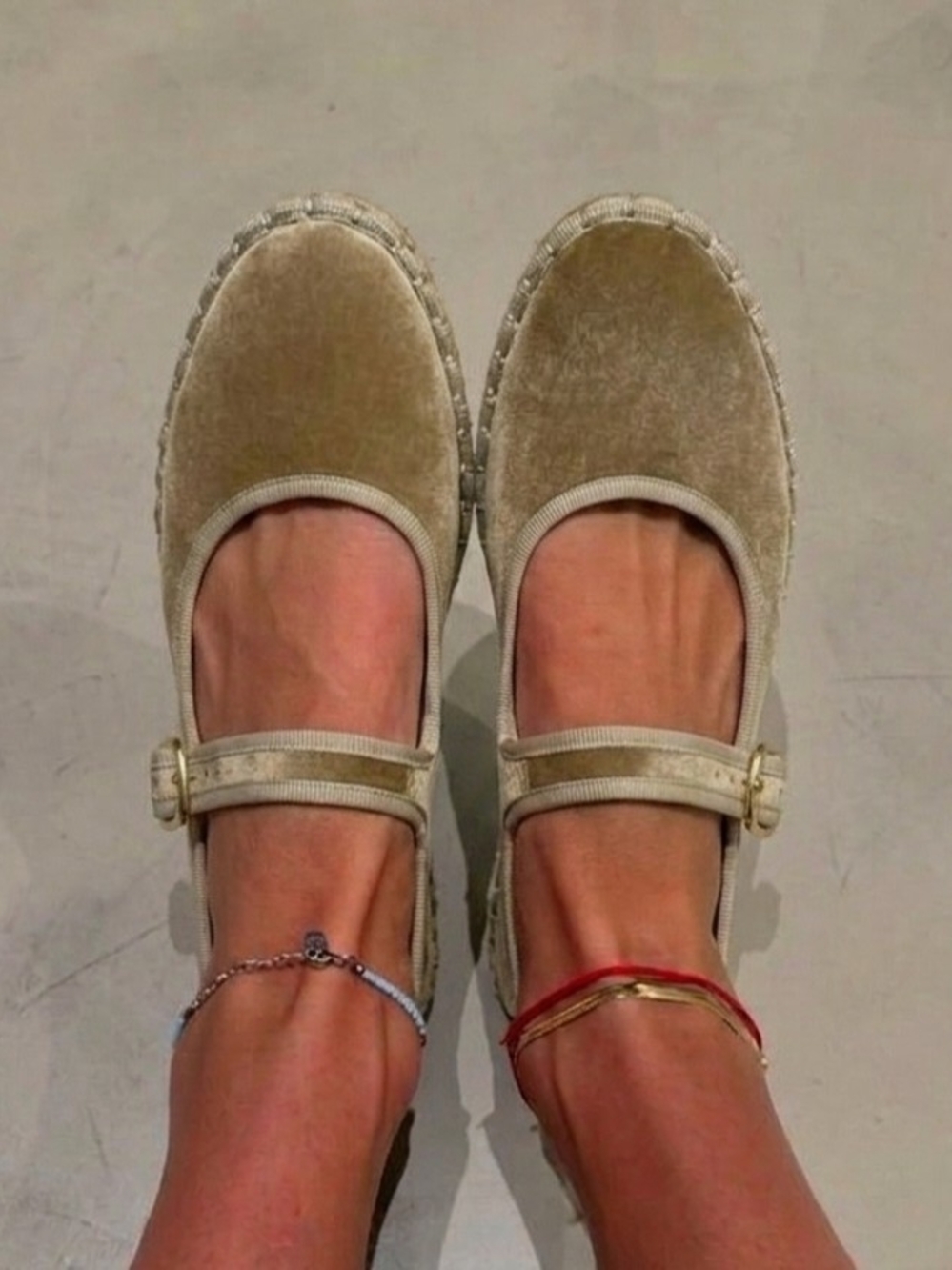 Women's Beige Velvet Mary Jane Espadrille Flats